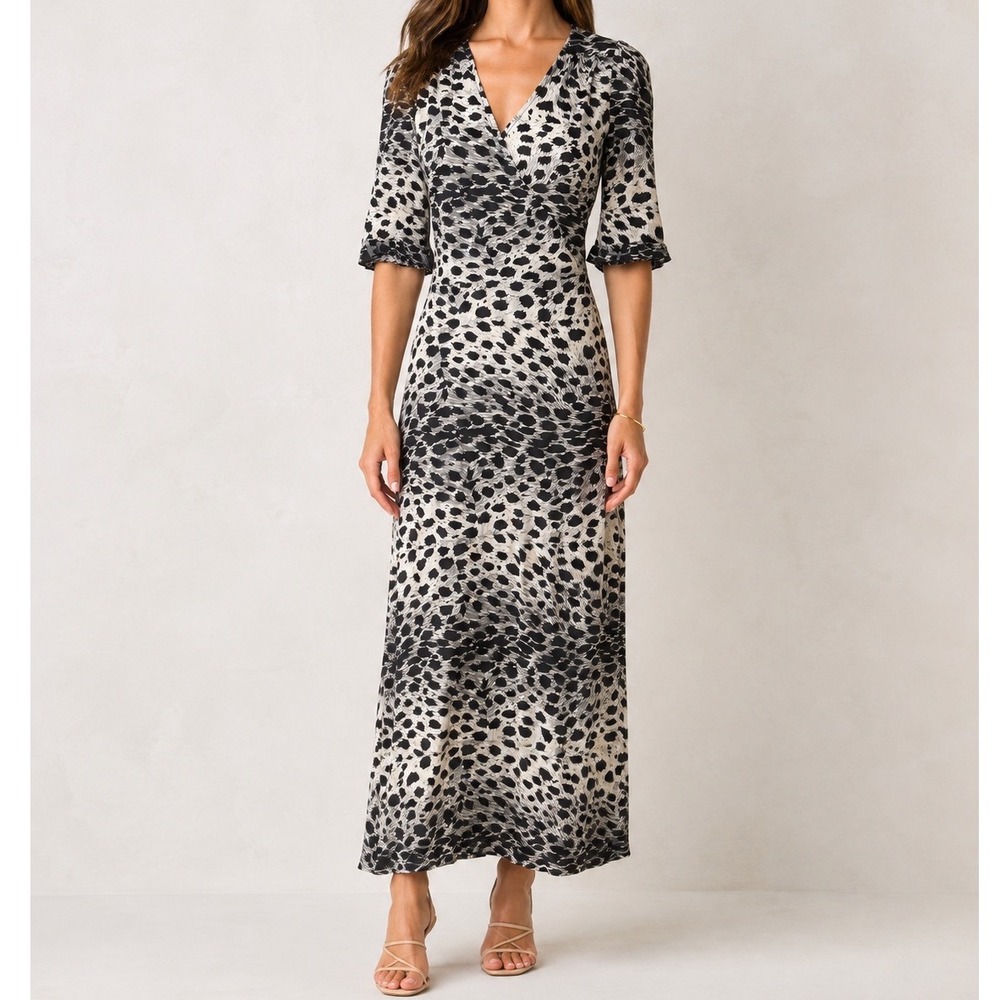Sea New York Leo Animal Print Maxi Wrap Dress V-Neck Ruffle Sleeve Size 2